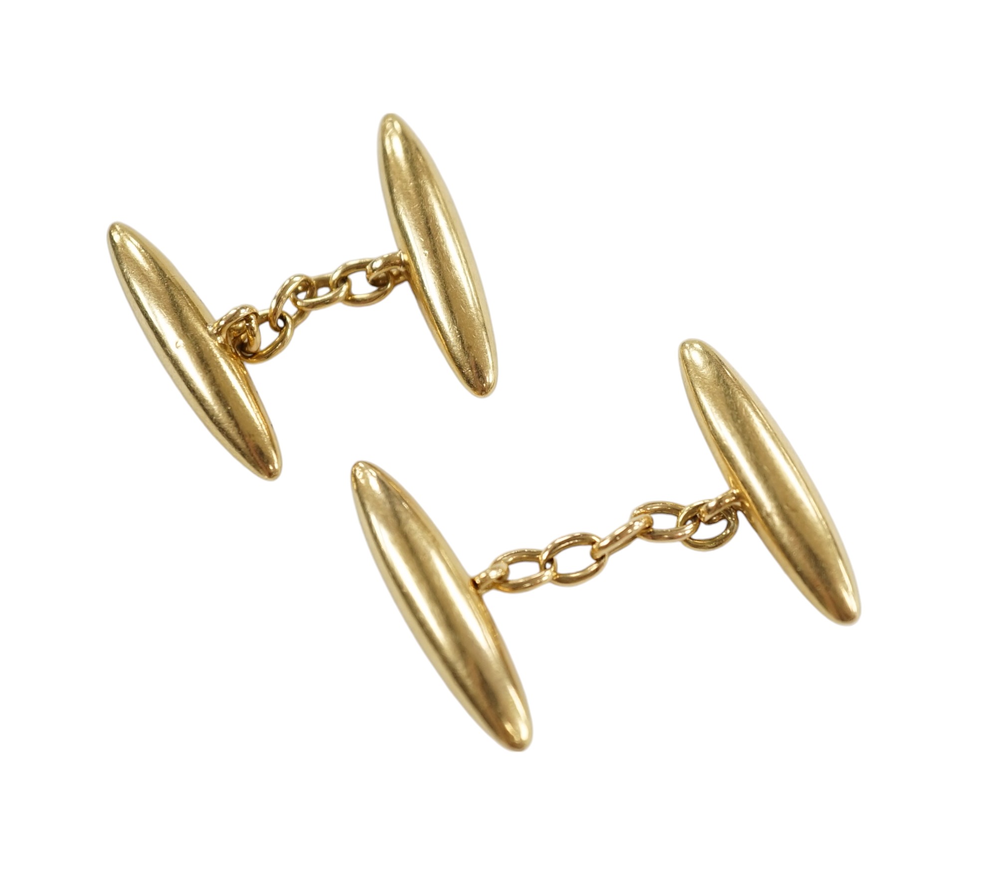 A pair of 18ct torpedo shaped cufflinks, 24mm, 7.9 grams. Condition - poor to fair